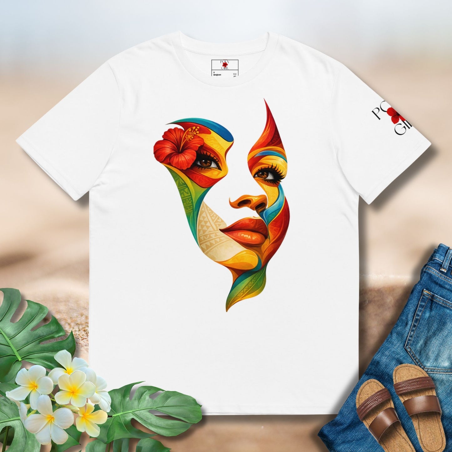 Close-up of In Her Hue t-shirt with vibrant multi-color female face graphic symbolizing layered identity.