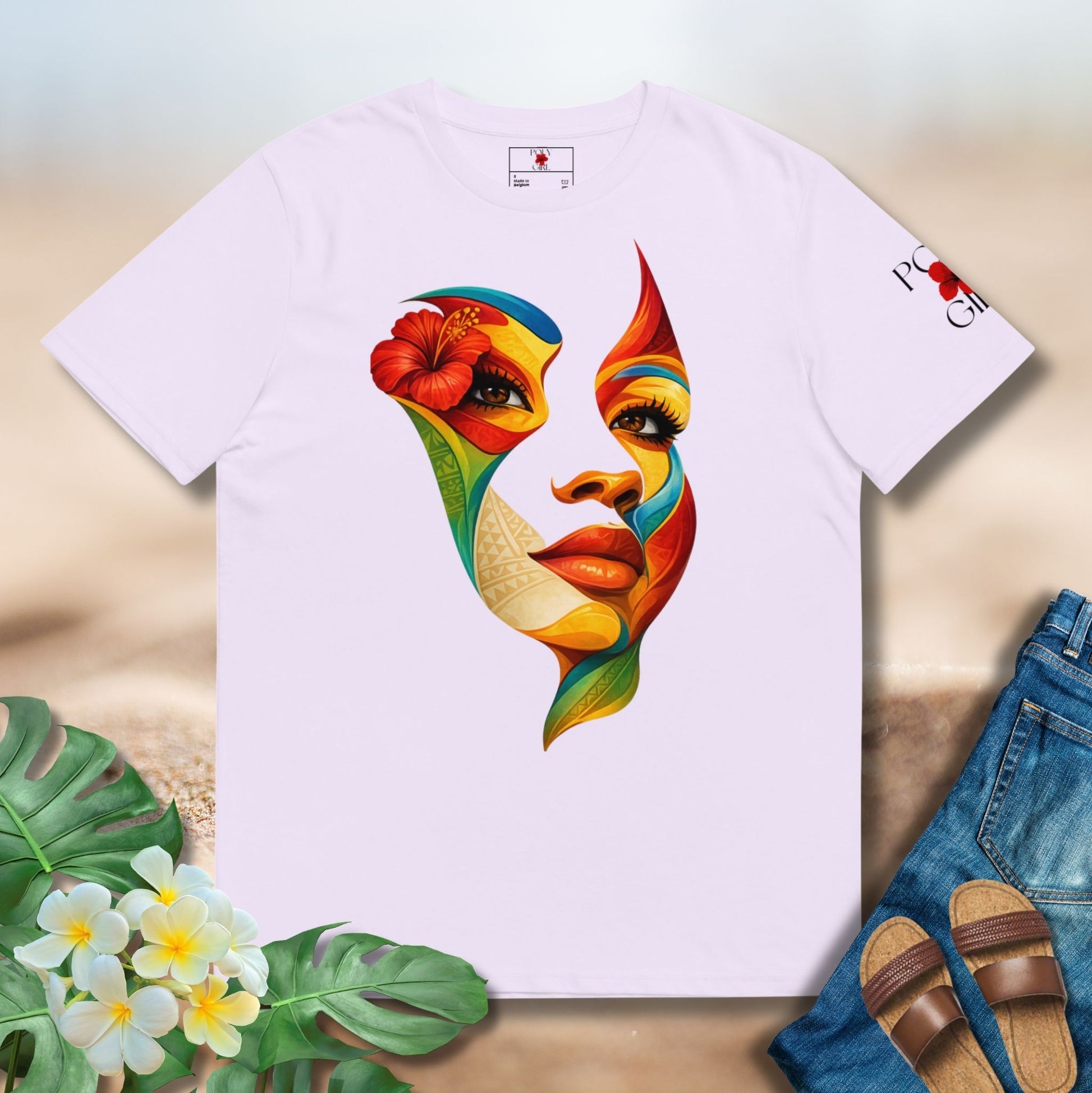 Poly Girl In Her Hue shirt showcasing bold graphic art inspired by layered cultural identity.