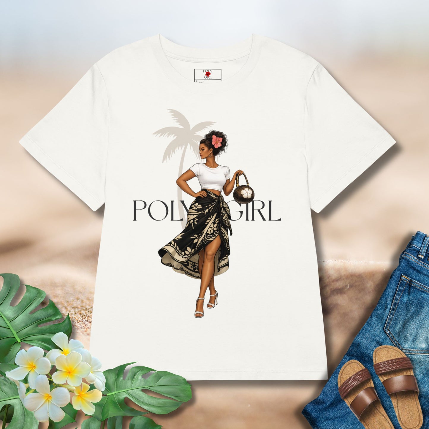 Island Chic design by Poly girl wearing a lavalava and holdng a coconut purse