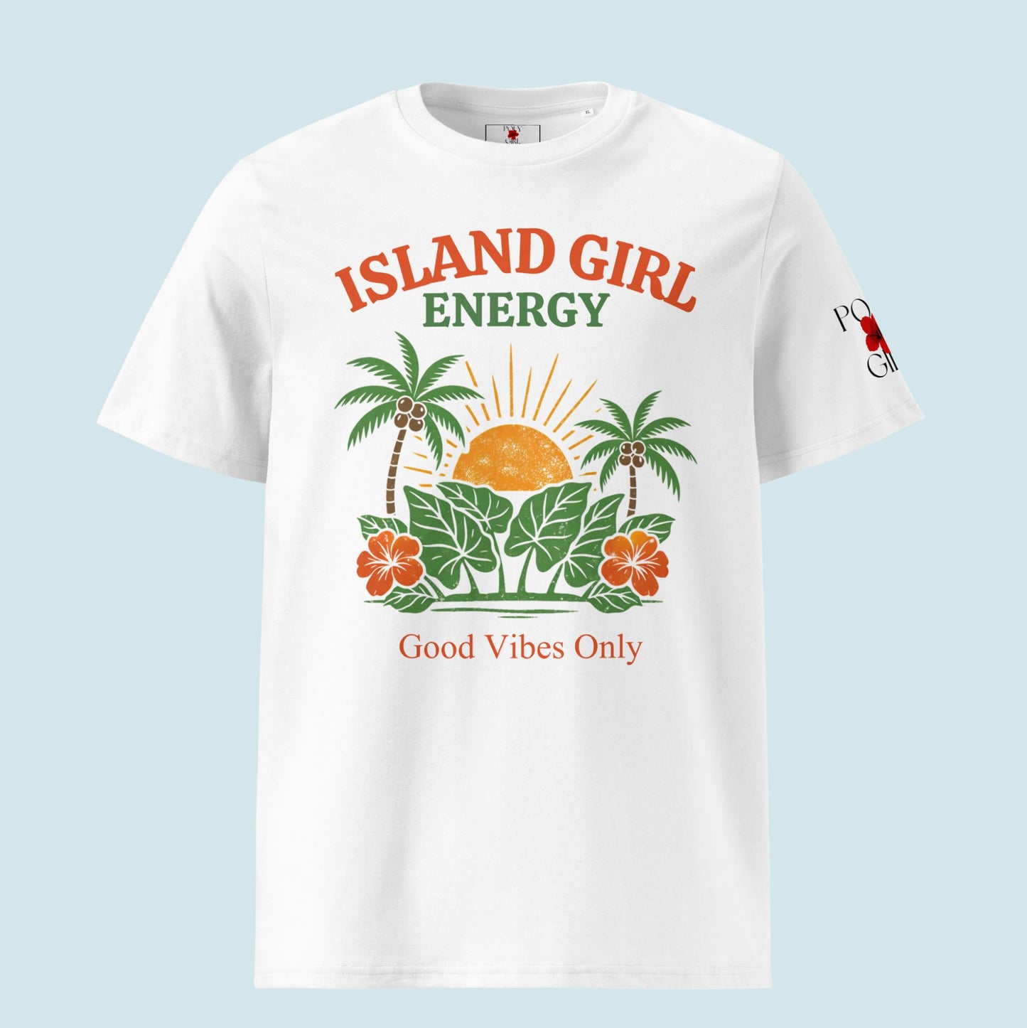 White t-shirt with 'Island Girl Energy' graphic design on a light blue background