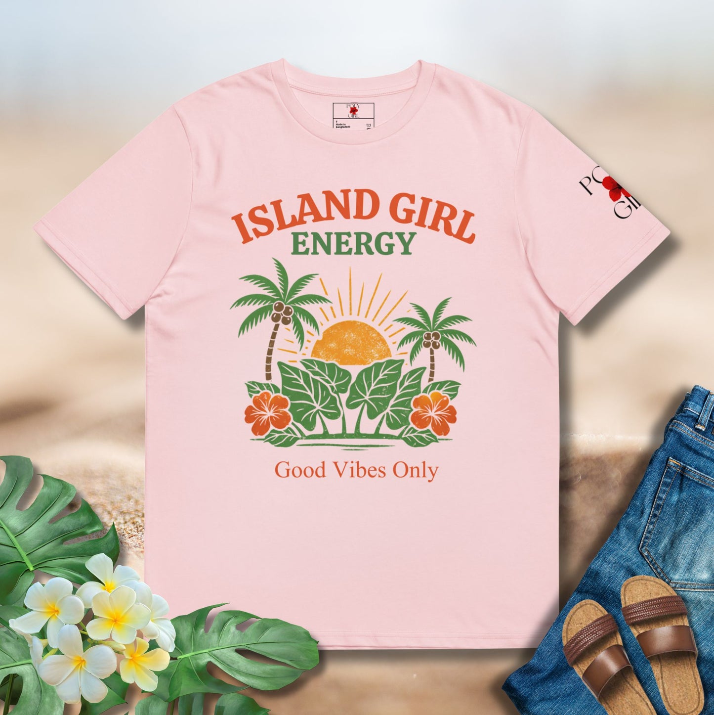 Pink t-shirt with 'Island Girl Energy' design on a light background
