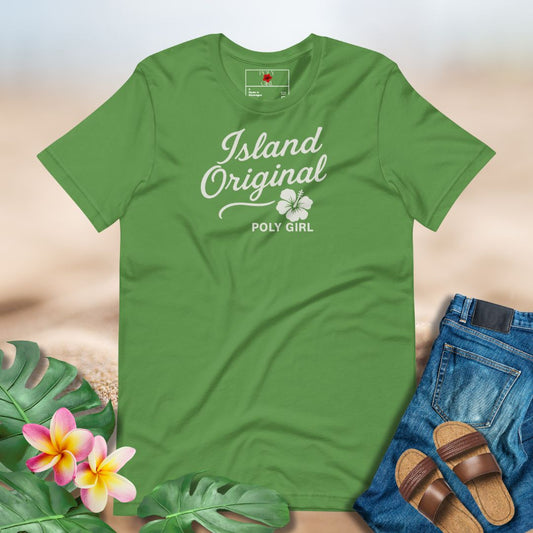 Green t-shirt with 'Island Original' text and floral design, paired with denim jeans and sandals on a neutral background.