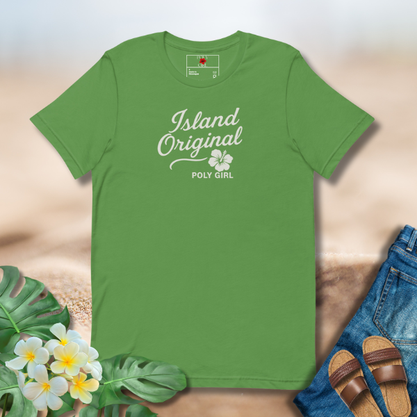 Green t-shirt with 'Island Original' text on a sandy background with flowers and sandals.