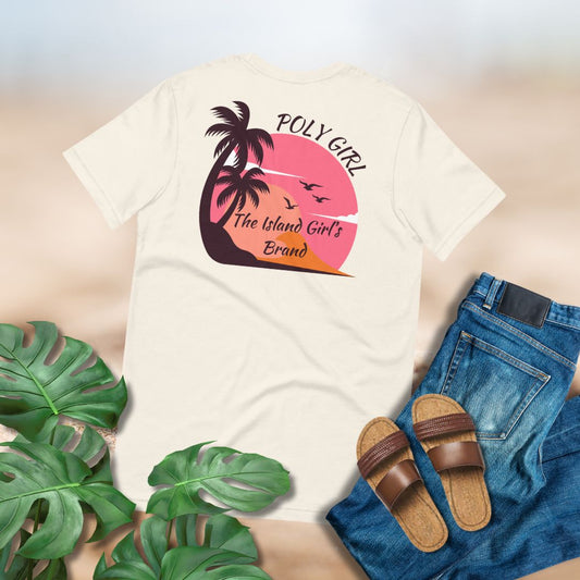 Vintage white t-shirt with design of sunset, palm trees and birds paired with blue jeans and brown sandals. 