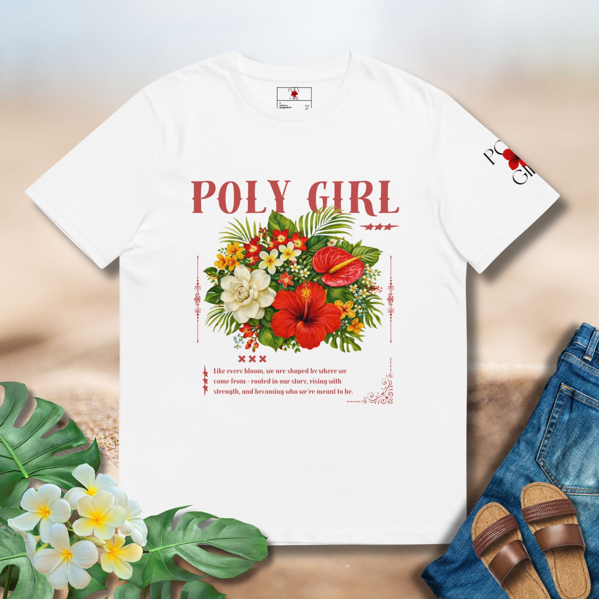 White tshirt with design of floral bouquet in baroque style frame with Poly Girl text