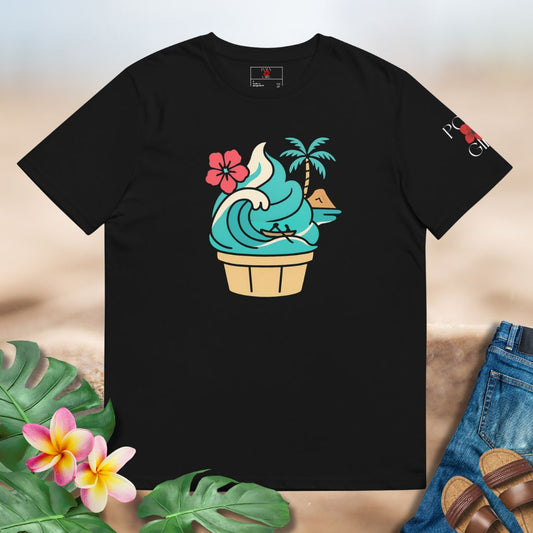 Black tshirt with Island swirl design of ice cream, flowers and island scenery.