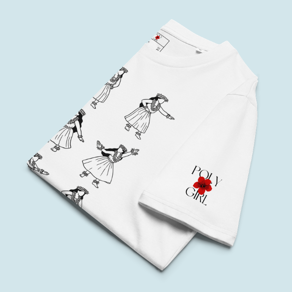 Folded white tshirt of Kahiko moves with Poly Girl logo on sleeve