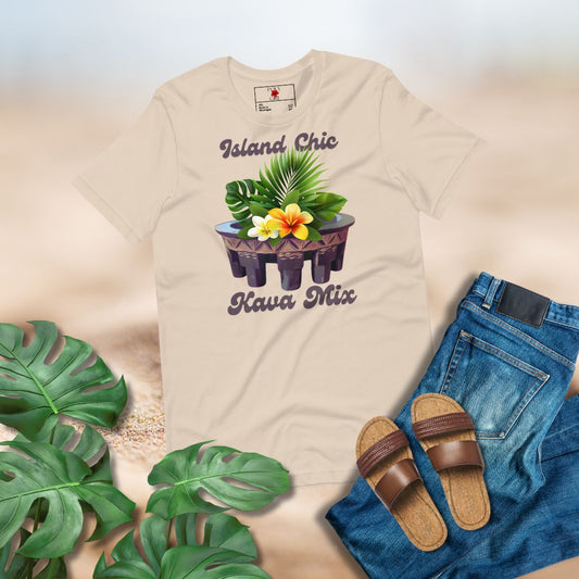Beige t-shirt with tropical design and text about Kava mix and island chic, paired with jeans and sandals on a neutral background