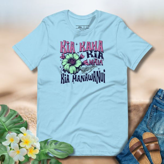 Kia Kaha Kia Maia Kia Manawanui Graphic Tee in Blue by Poly Girl