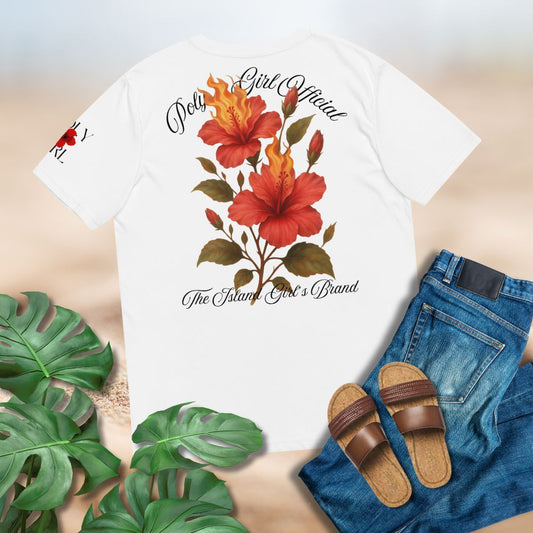 Ladie's t-shirt with hibiscus on fire design on back and text, paired with jeans and sandals on a light background