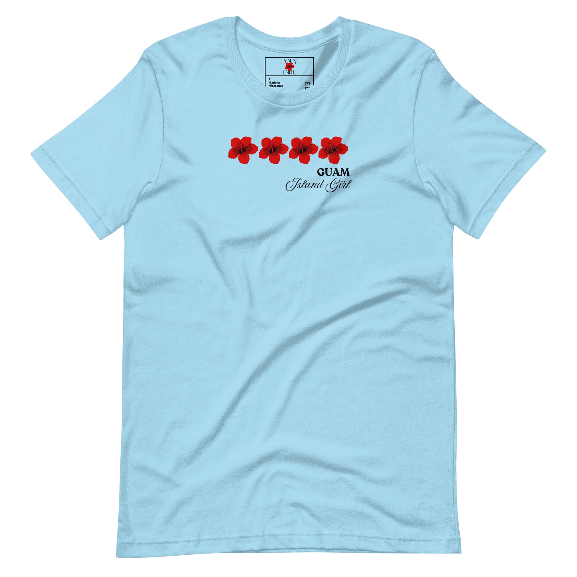 Ladies' Blue T-shirt with design Guam Island Girl and four hibiscus by Poly Girl