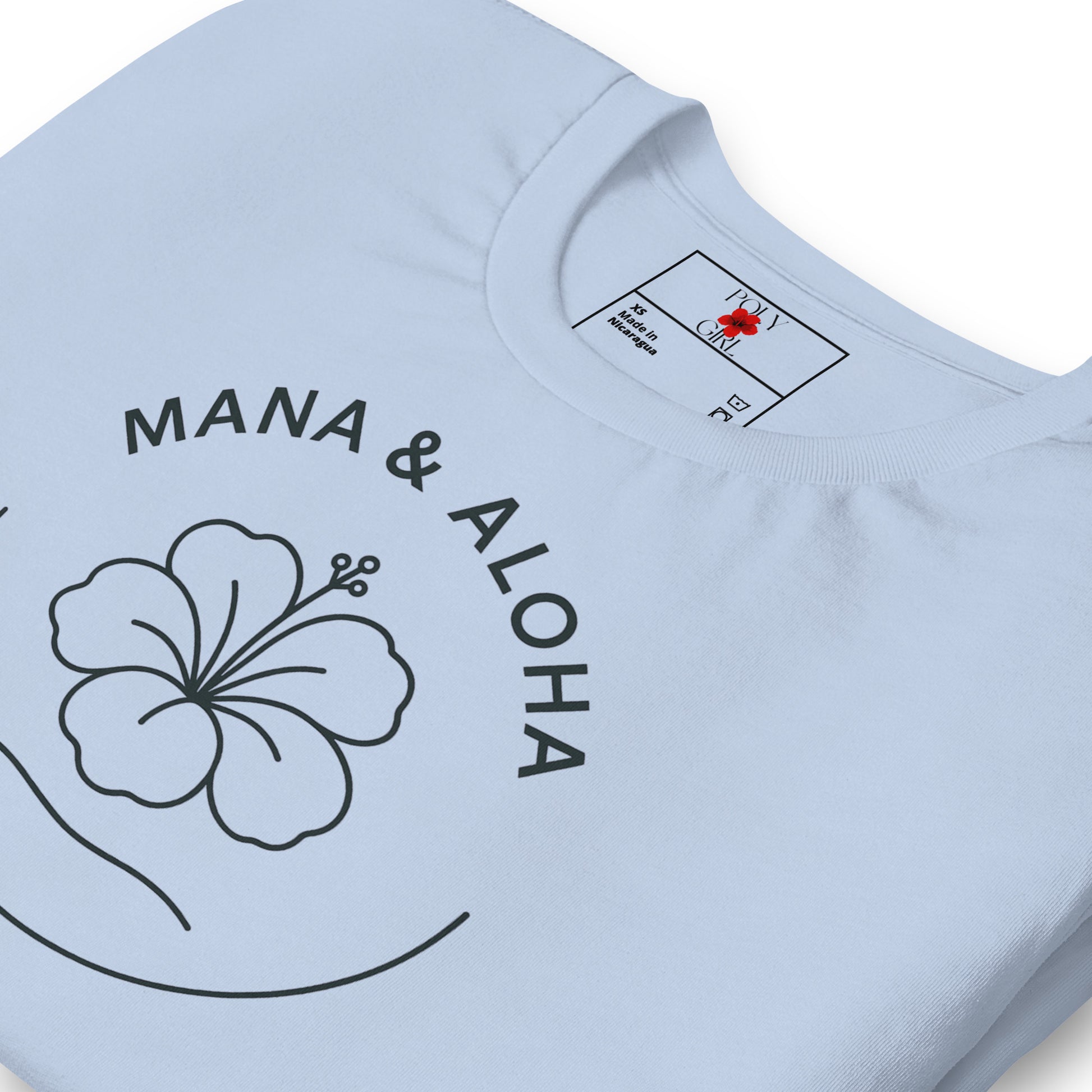 Light blue t-shirt with black floral design and text on a white background