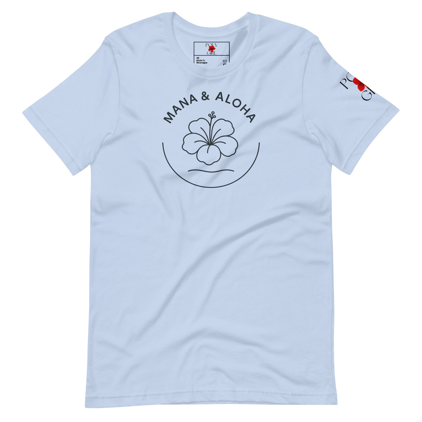 Light blue t-shirt with 'Mana & Aloha' design on a white background