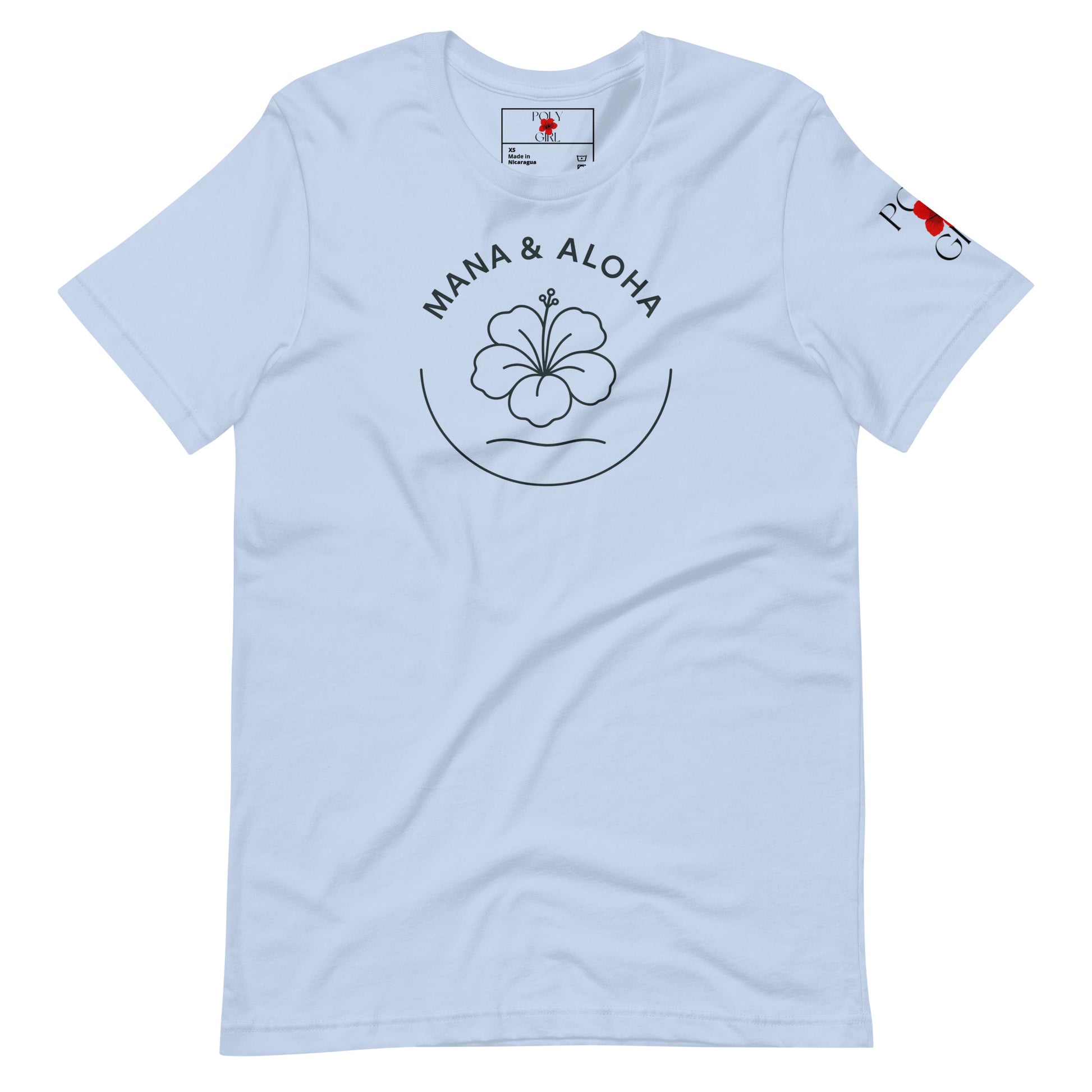 Light blue t-shirt with 'Mana & Aloha' design on a white background