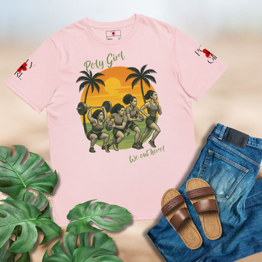 Pink t-shirt with a graphic design of female athletes and palm trees, accompanied by jeans and sandals on a light background.