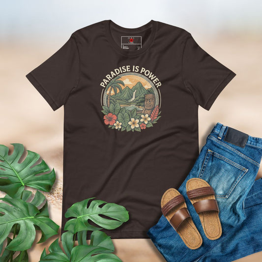 Brown vintage-style Polynesian tee design with mountains, waterfall, taro leaves, and tropical flowers 