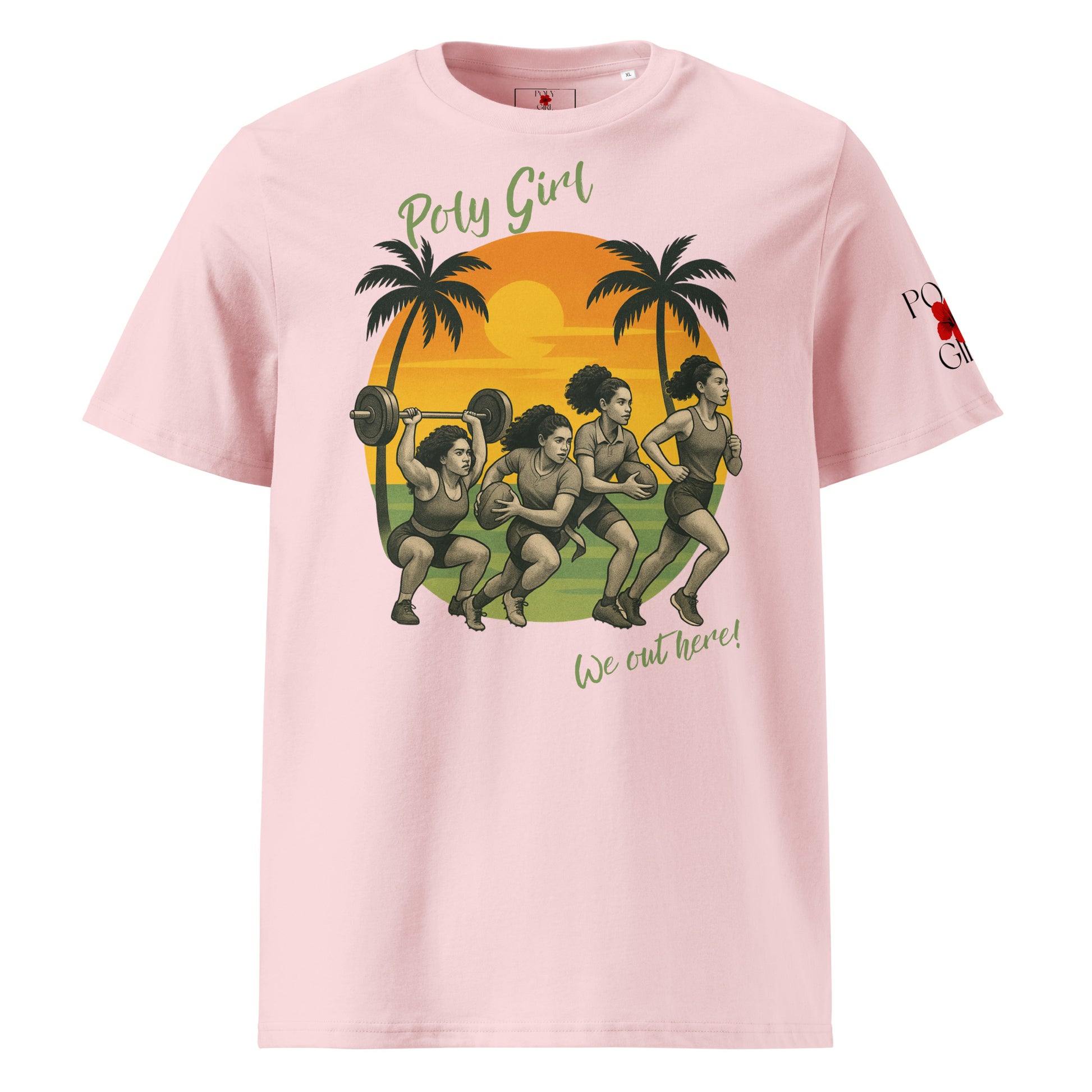 Front tshirt design on Pacific Island weight lifter, rugby player, flag football athlete, and runner by Poly Girl, The Island Girl's brand. 