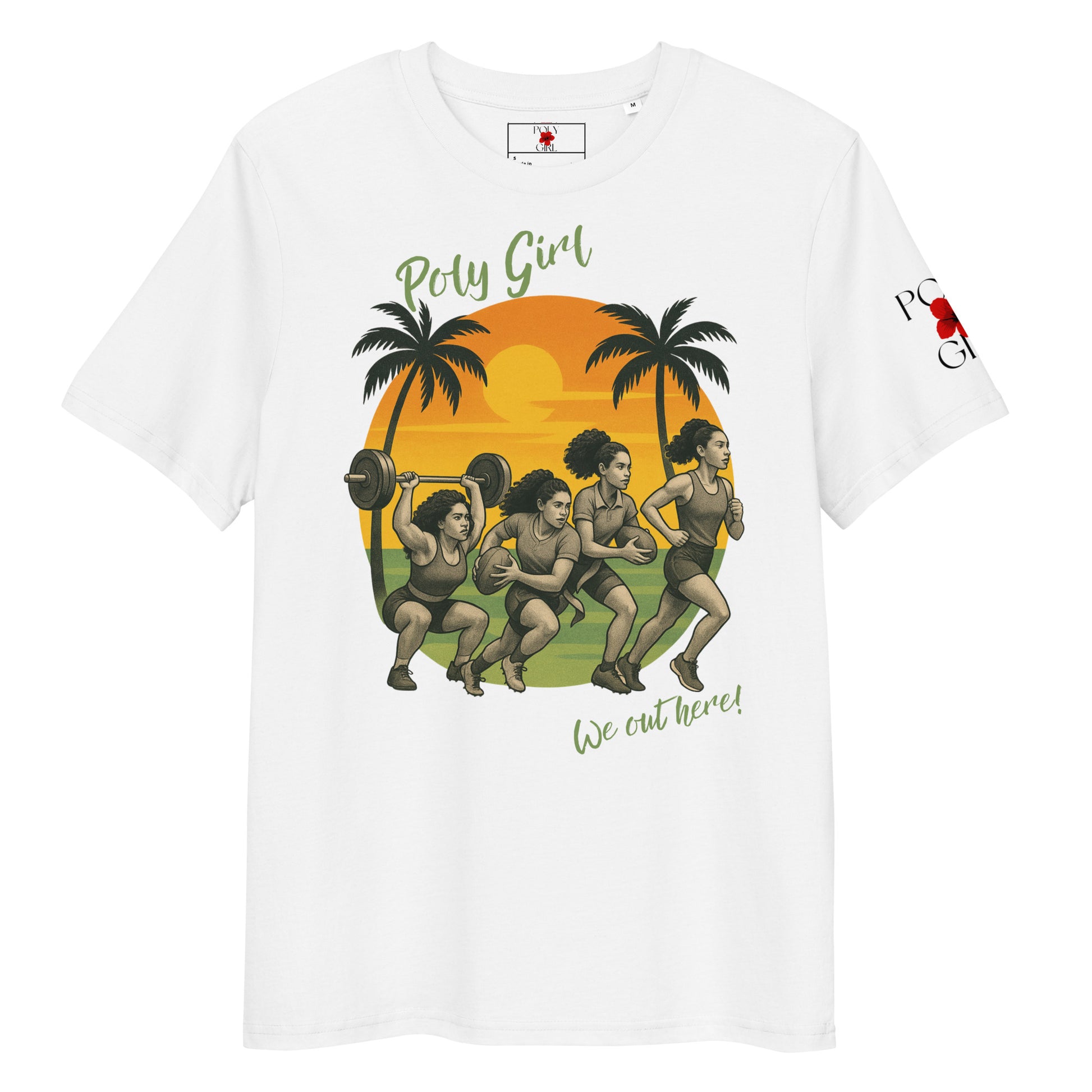 Front view of white tshirt with design of women athlete by Poly Girl, The Island Girl's Brand