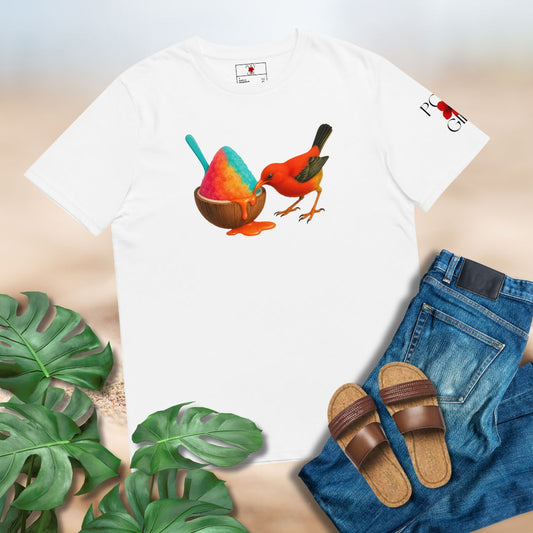 White tshirt with image of a bird eating shave ice by Poly Girl