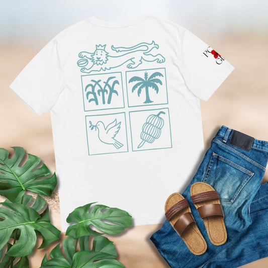 Ladies' white t-shirt with Fijian flag motifs in blue with jeans, sandals paired created by Poly Girl