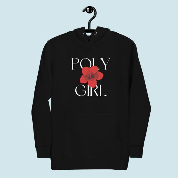 Black hoodie with 'POLY GIRL' and a red flower graphic on a light blue background
