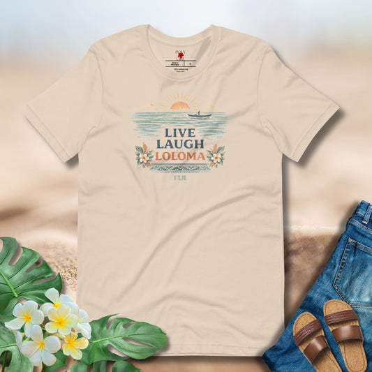 Beige tshirt with sunset design and the words Live Laugh Loloma