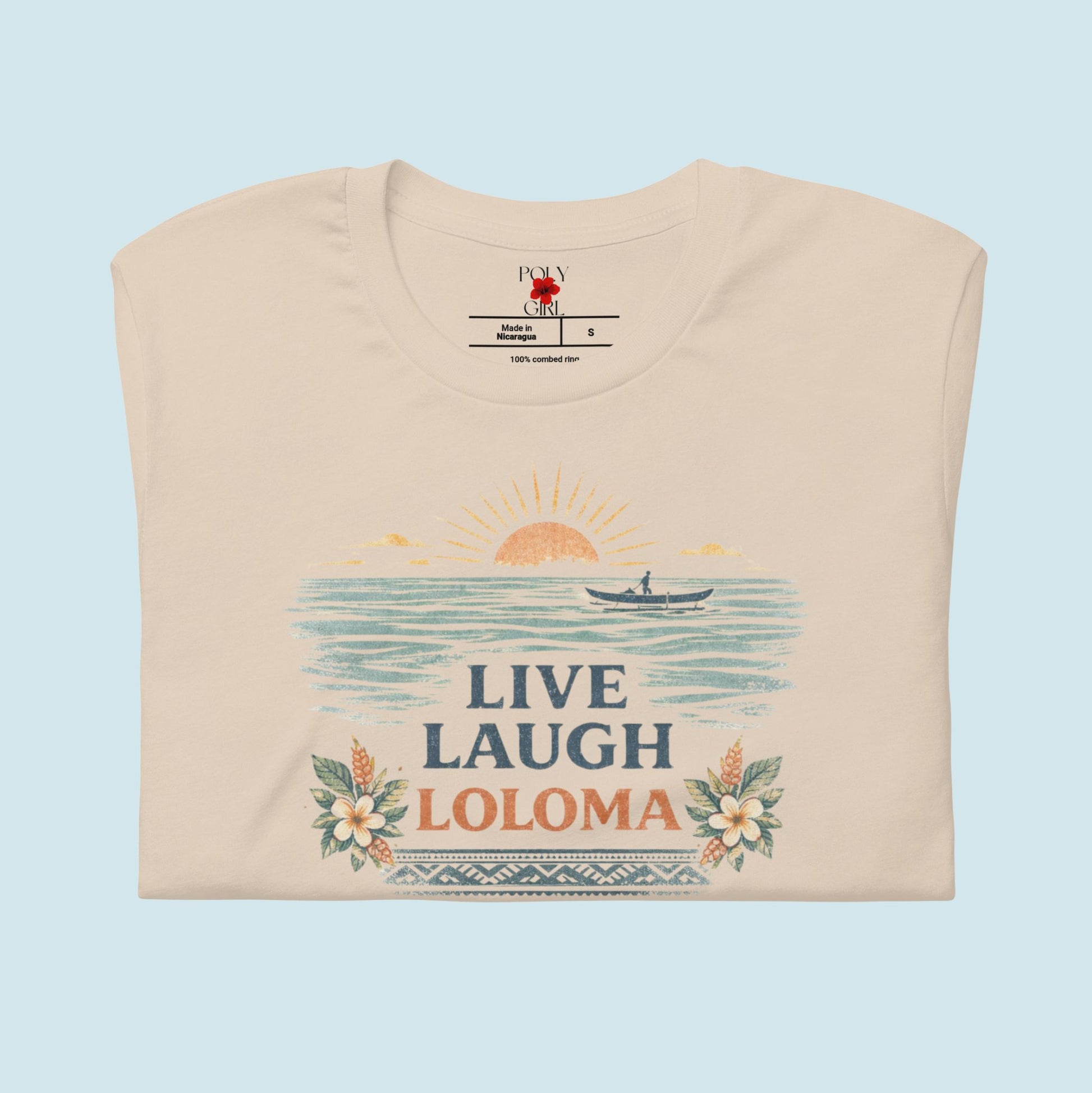 Front of Vintage design of sunset, canoe, ocean and floral with words Live Laugh Loloma