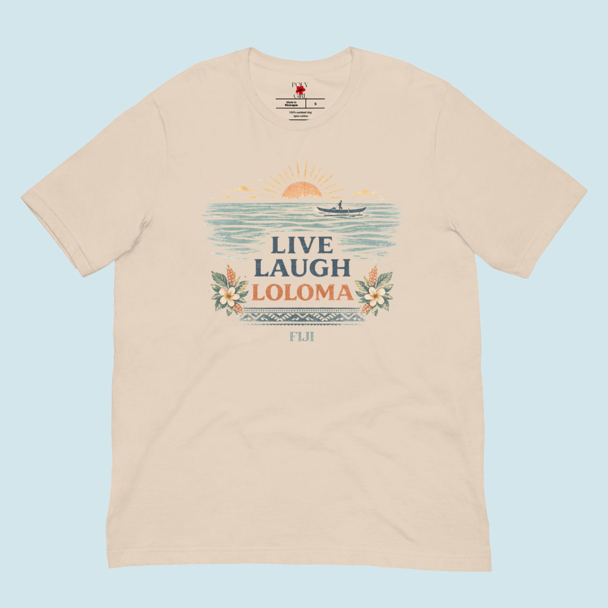 Flat lay image of beige tshirt with Live Laugh Loloma design