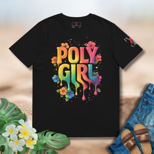 Black tee with Living Color graphic featuring bold Poly Girl lettering, colorful paint splatter, and hibiscus details