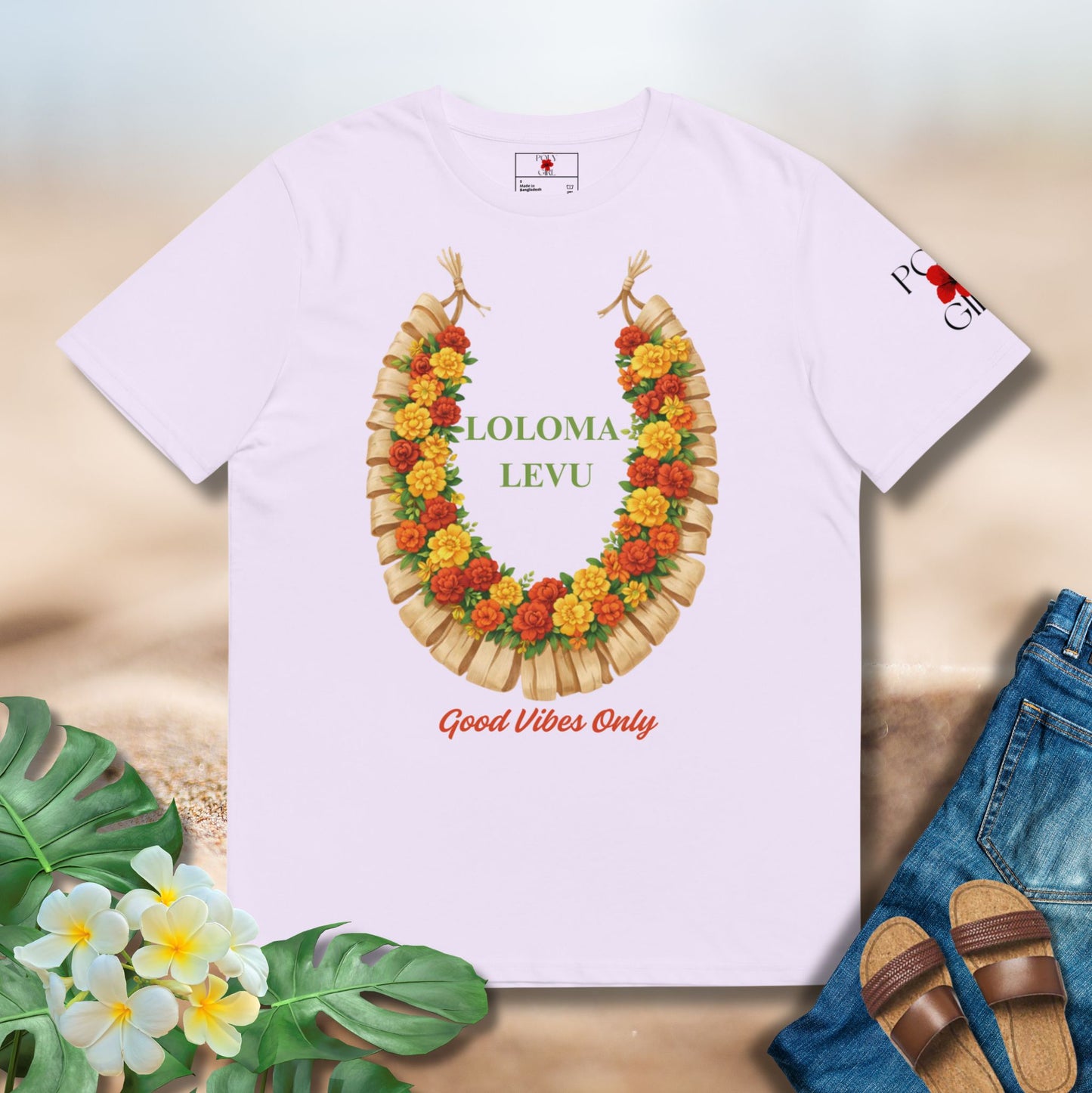Lavender tshirt of a Fijian salusalu with the words Loloma Levu and Good Vibes Only design by Poly Girl
