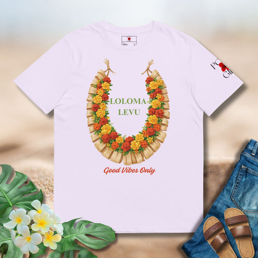 Lavender tshirt of a Fijian salusalu with the words Loloma Levu and Good Vibes Only design by Poly Girl