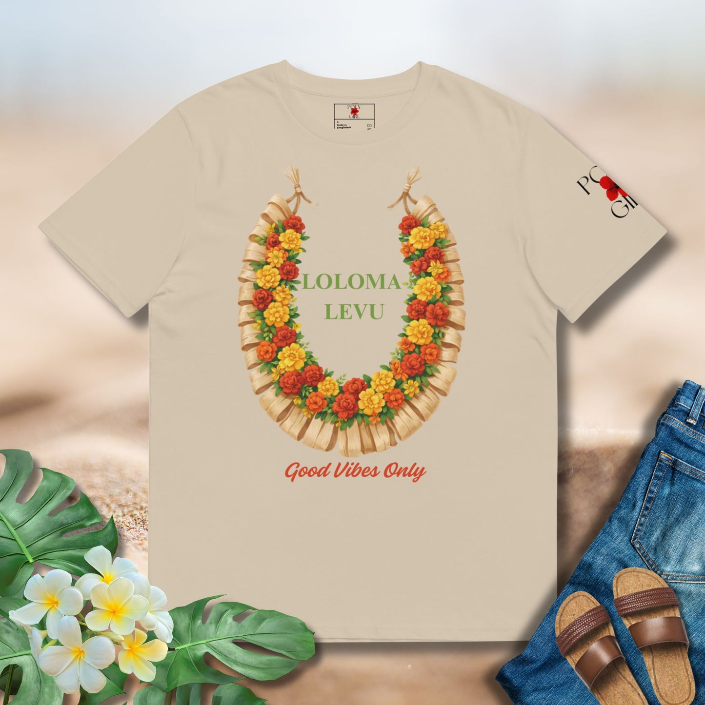 Beige tshirt of a Fijian salusalu with the words Loloma Levu and Good Vibes Only design by Poly Girl