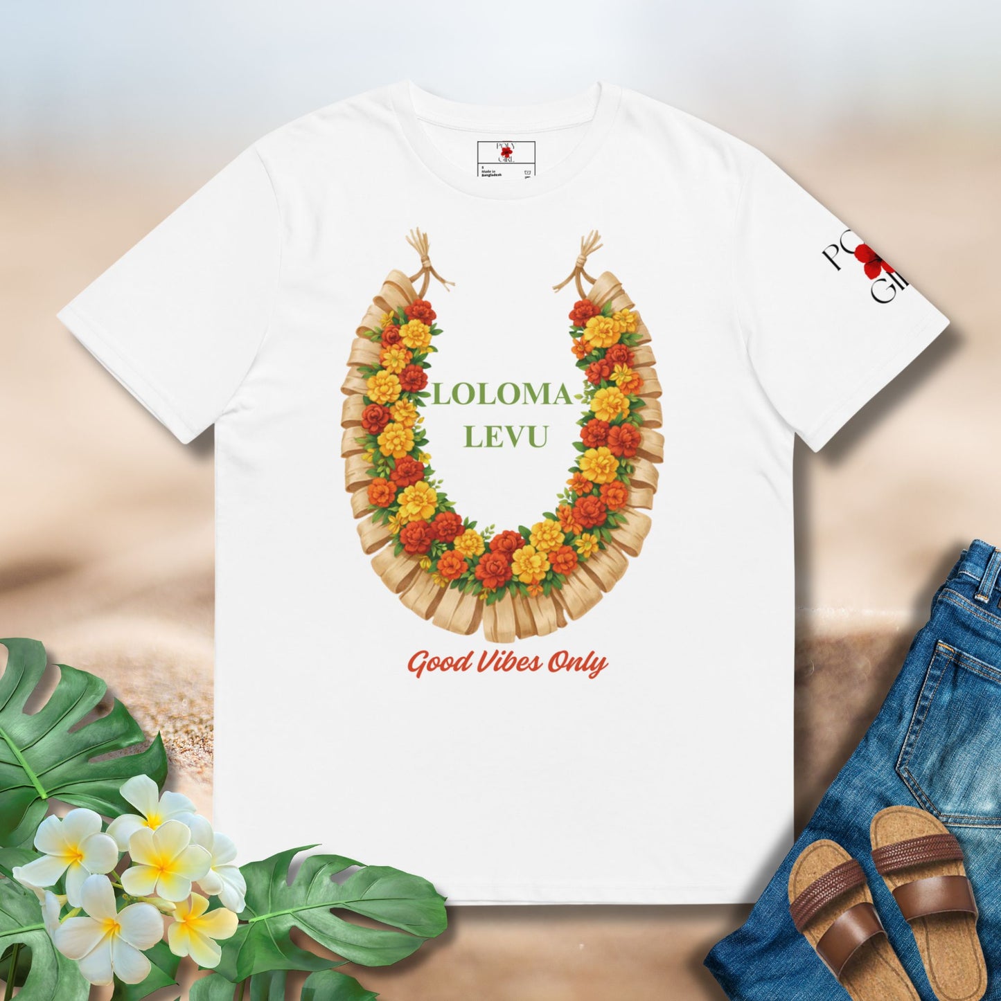 White tshirt of a Fijian salusalu with the words Loloma Levu and Good Vibes Only design by Poly Girl