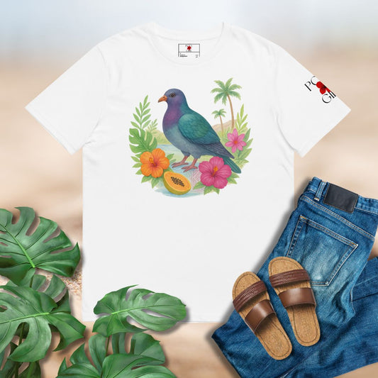 White t-shirt with a colorful pigeon design, paired with jeans and sandals on a light background by Poly Girl