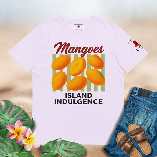 White t-shirt with mango graphic and text 'Mangoes Island Indulgence' on a light background.
