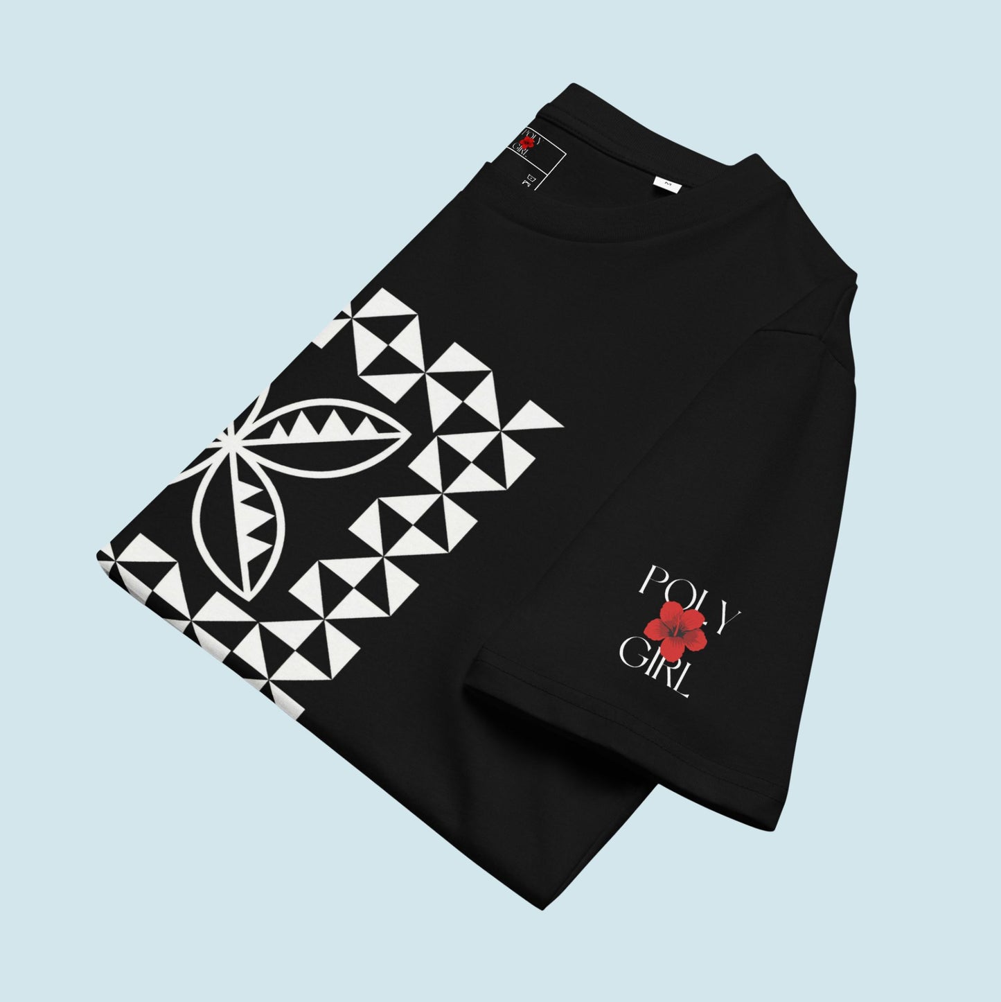 Folded Manulua Tee with Poly Girl logo on sleeve