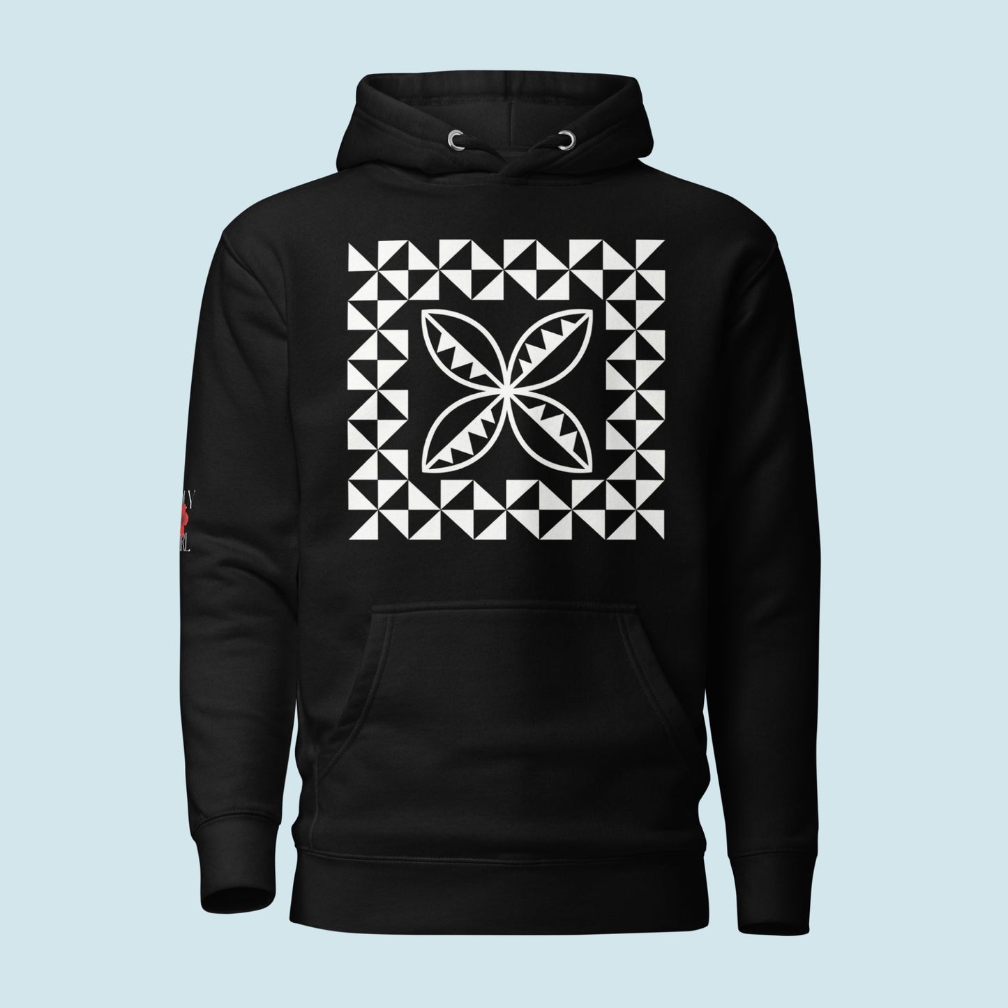 Close up of black hoodie with graphic image of the Manulua motif inspired by Tongan manulua