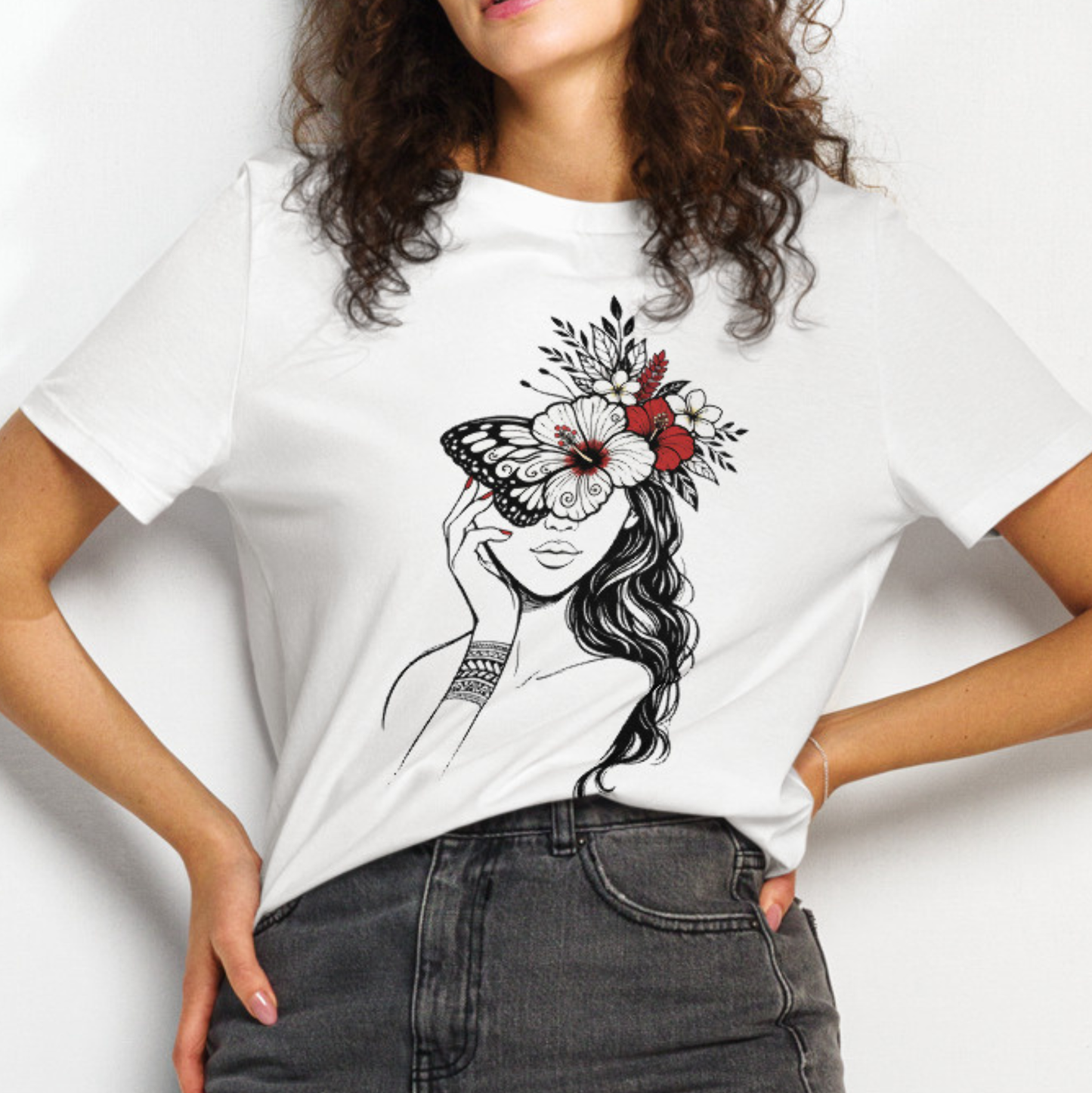 Model wearing The Many Hats She wears Tee by Poly Girl