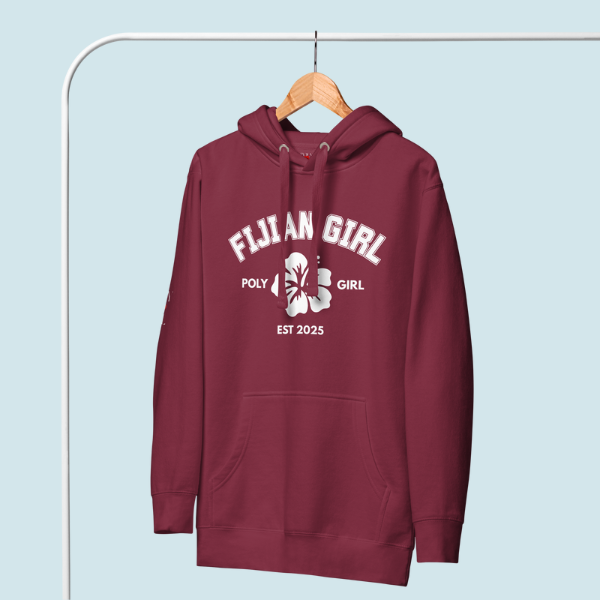 Maroon hoodie with 'Fijian Girl' text and design on a light blue background