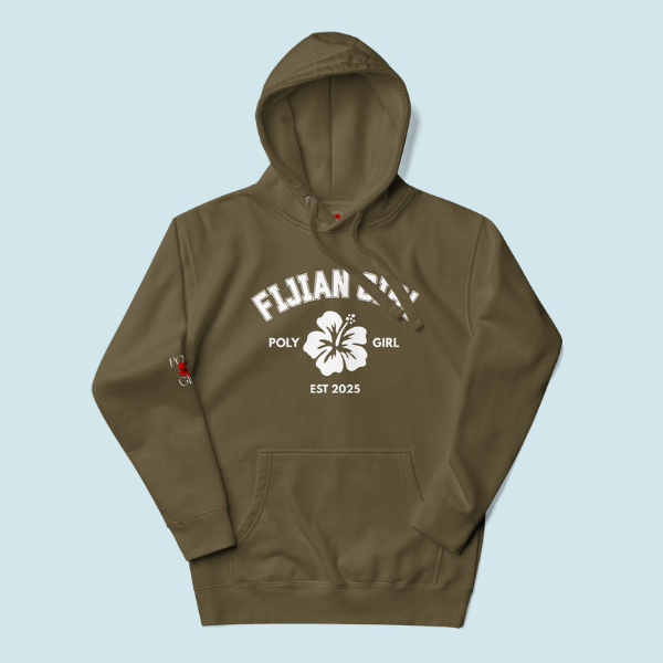 Military Green hoodie with white text and logo on a light blue background - Fijian Girl Poly Girl