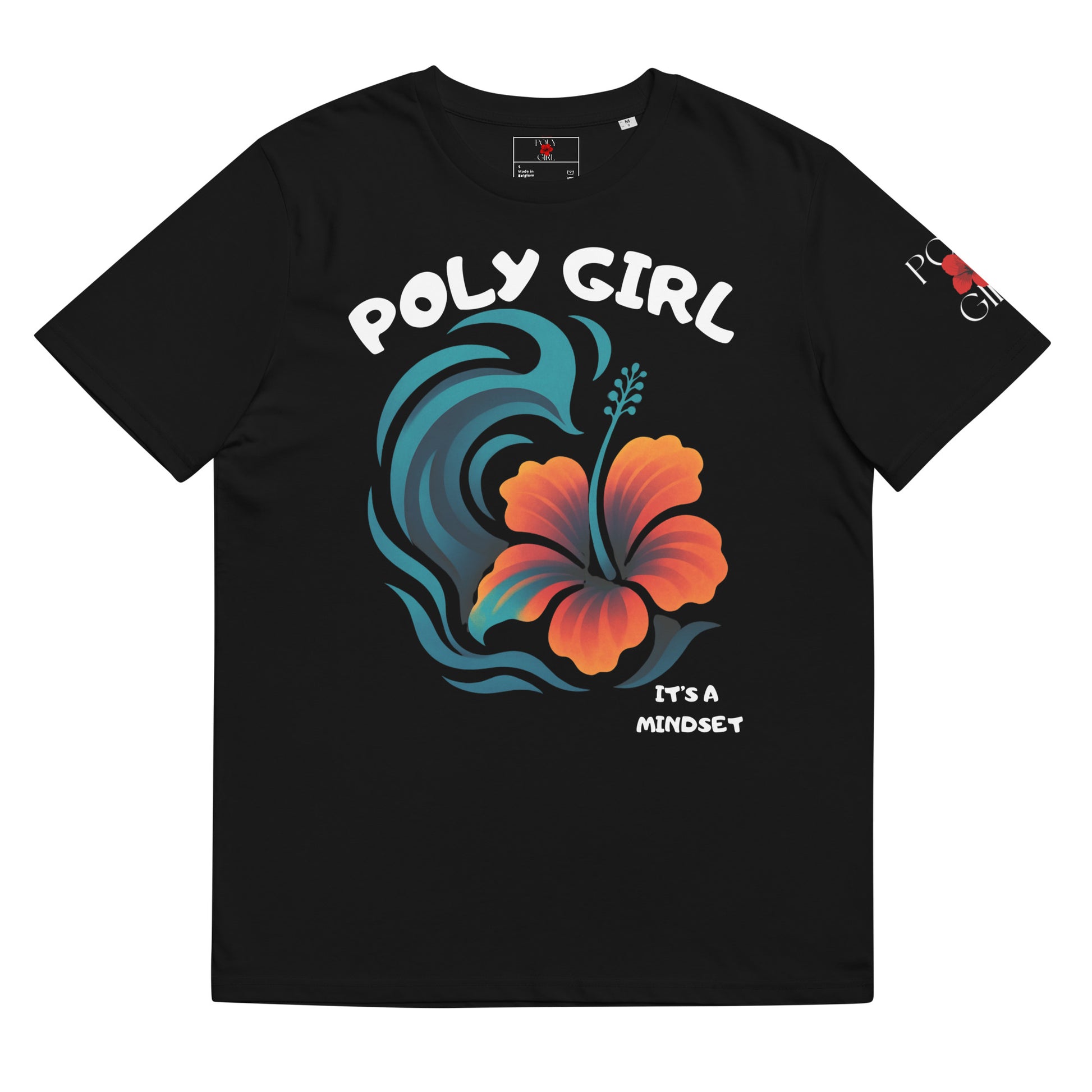 Poly Girl organic cotton t-shirt with bold hibiscus flower and ocean wave design.