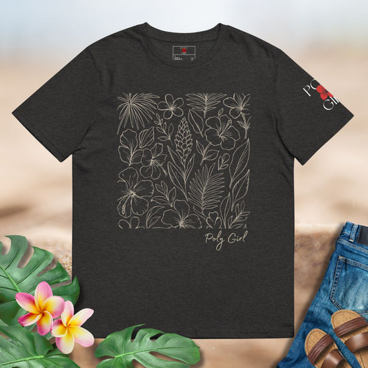 Black t-shirt with floral design and 'Poly Girl' text, surrounded by tropical leaves and flowers.
