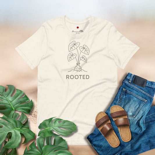 Minimalist line art of a taro plant above the word "Rooted" on a neutral background.