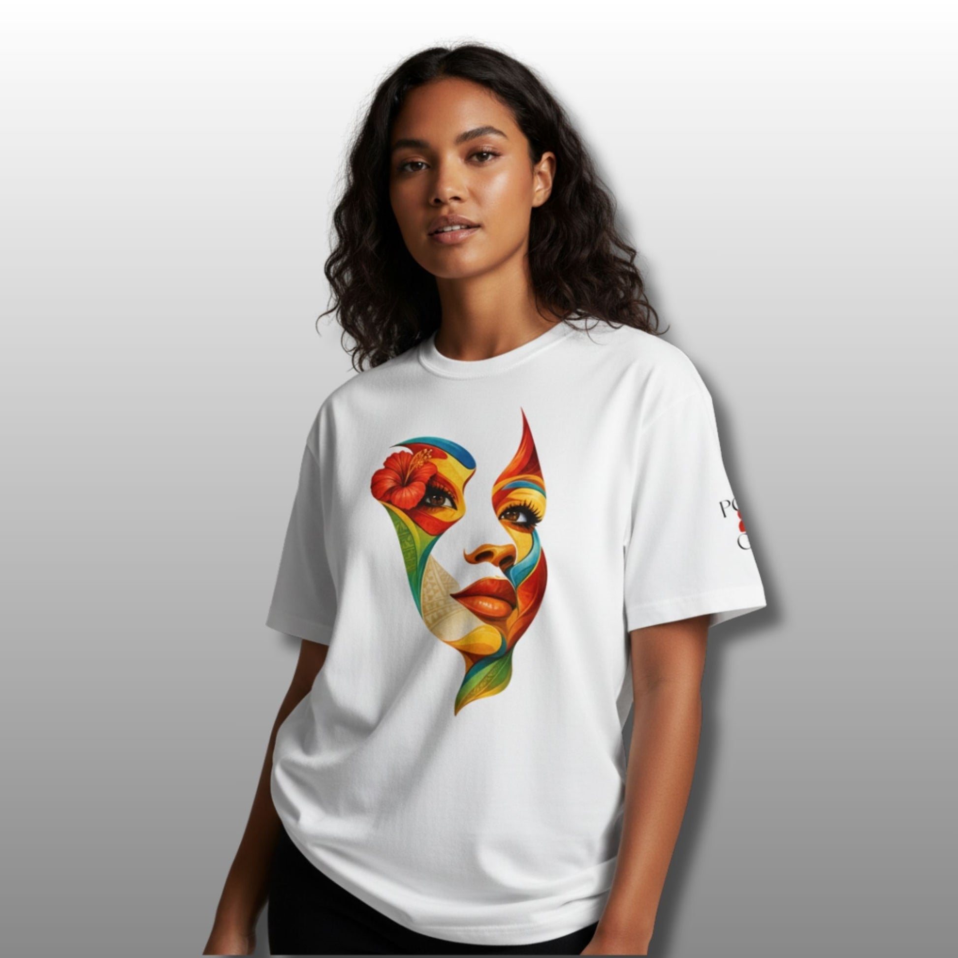  Poly Girl In Her Hue shirt worn untucked, showcasing bold graphic art inspired by layered cultural identity.