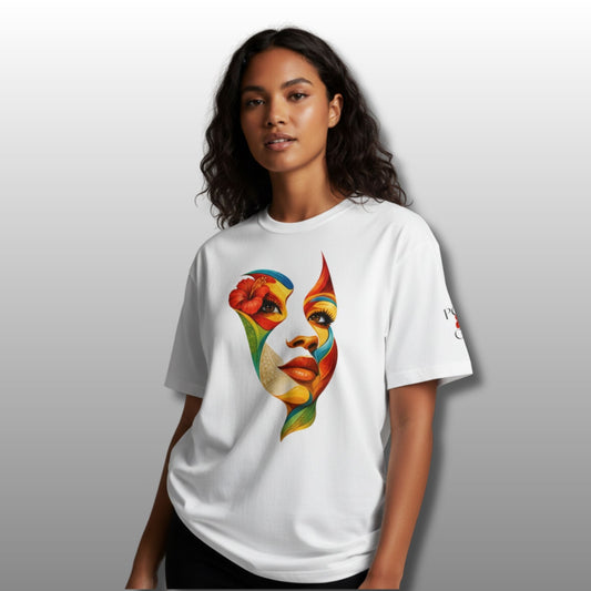  Poly Girl In Her Hue shirt worn untucked, showcasing bold graphic art inspired by layered cultural identity.