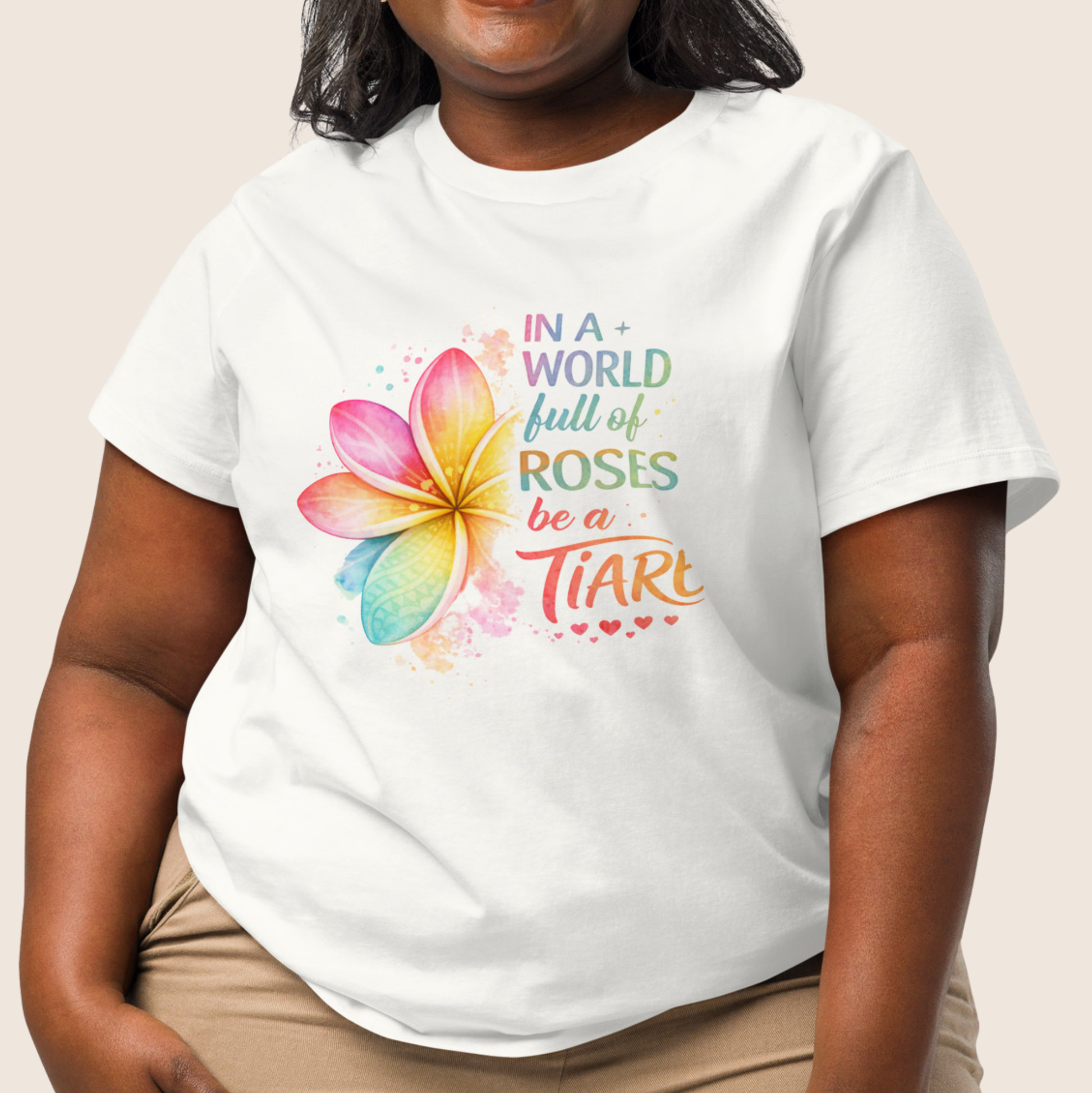 Model wearing Be a Tiare tee in white