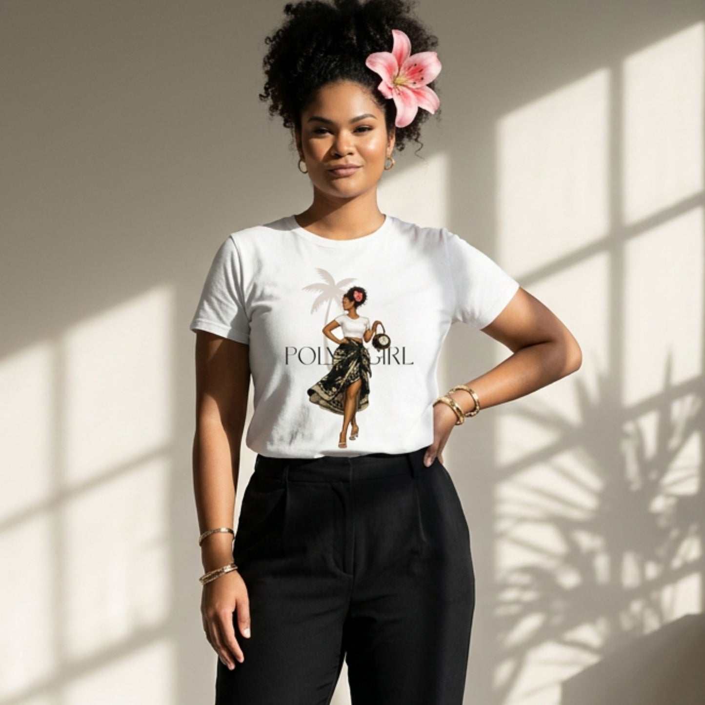 Model wearing Island Chic tshirt design by Poly Girl