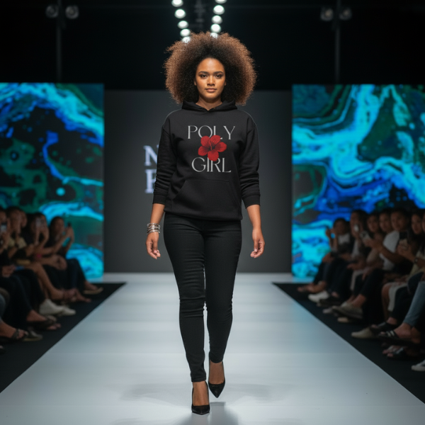 Model walking on a fashion show runway wearing a black hoodie with 'Poly Girl' text and red flower graphic.