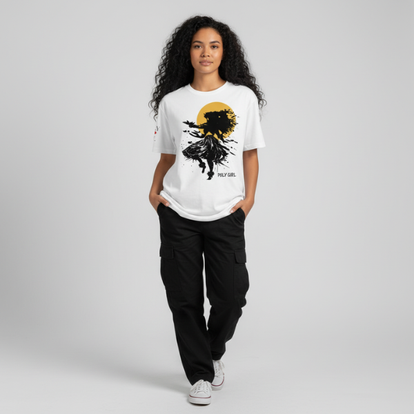 Model wearing Poly Girl apparel design showcasing powerful feminine movement and dynamic energy design of Poly Girl in motion. 