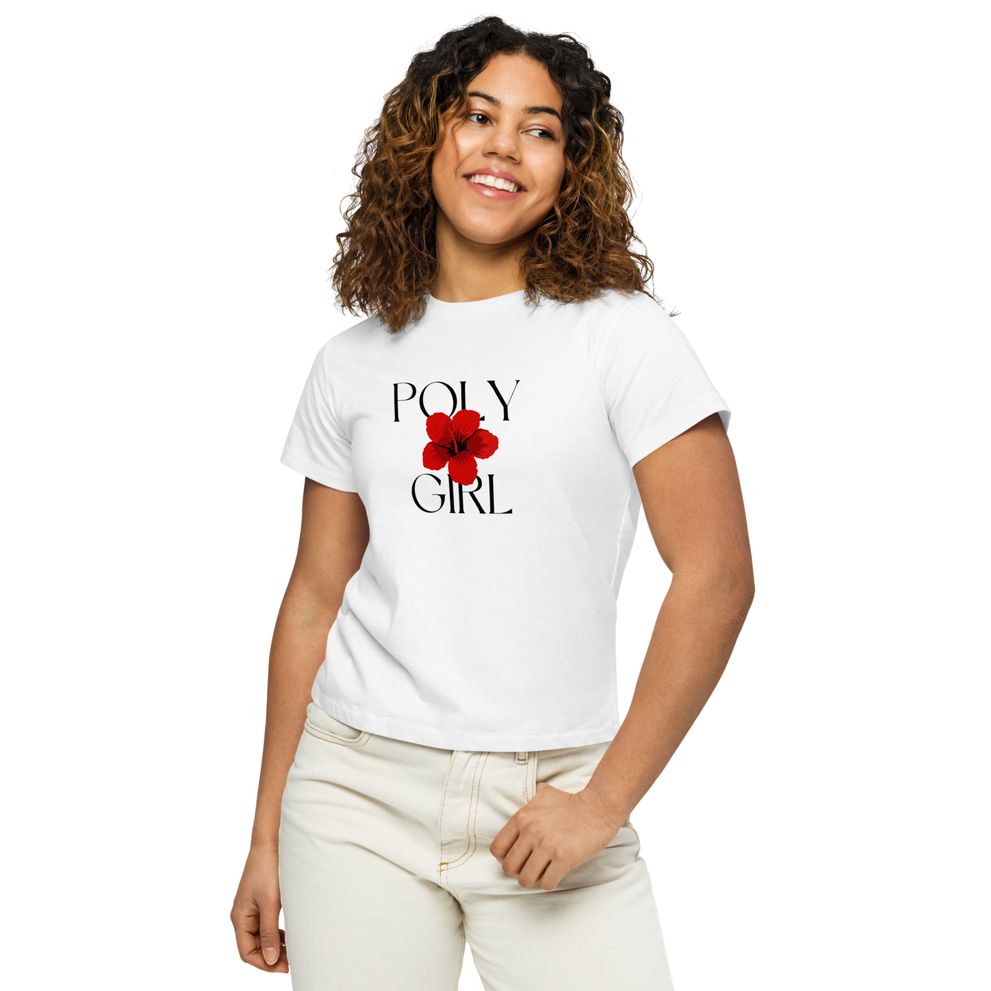 Model wearing Poly Girl logo tee in white